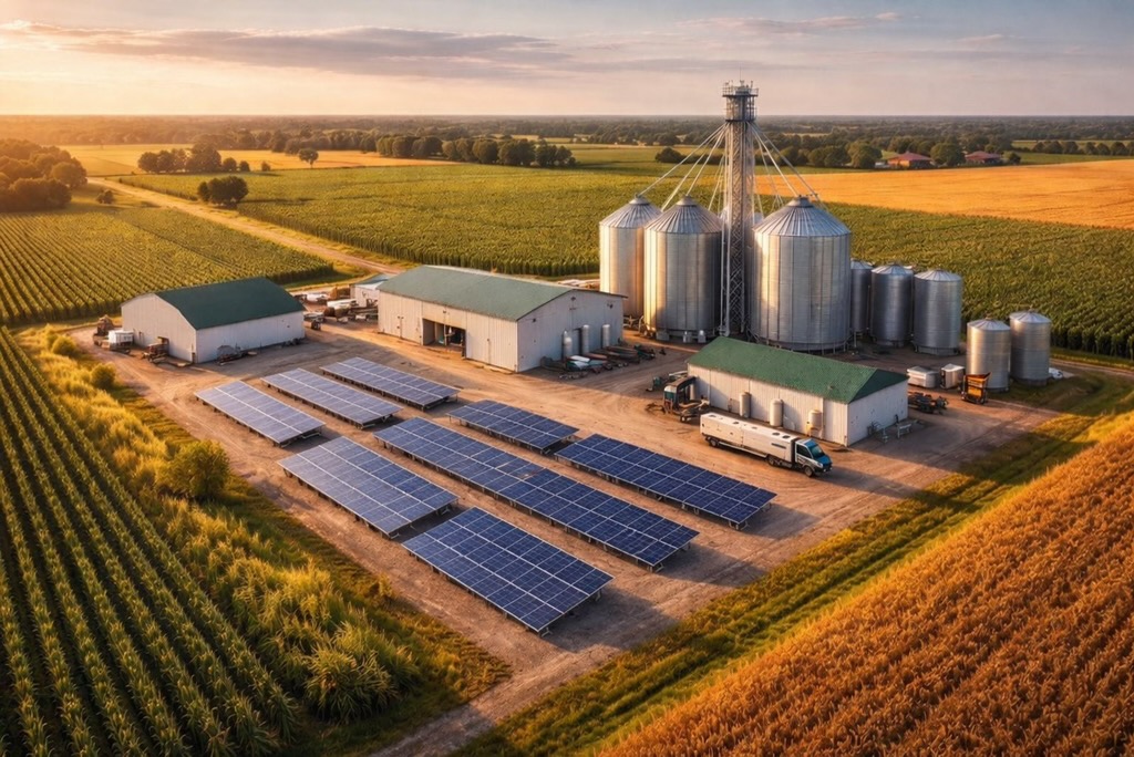 Agricultural facility with grain silos and solar panel arrays showcasing DeWitt's agricultural infrastructure and renewable energy investment