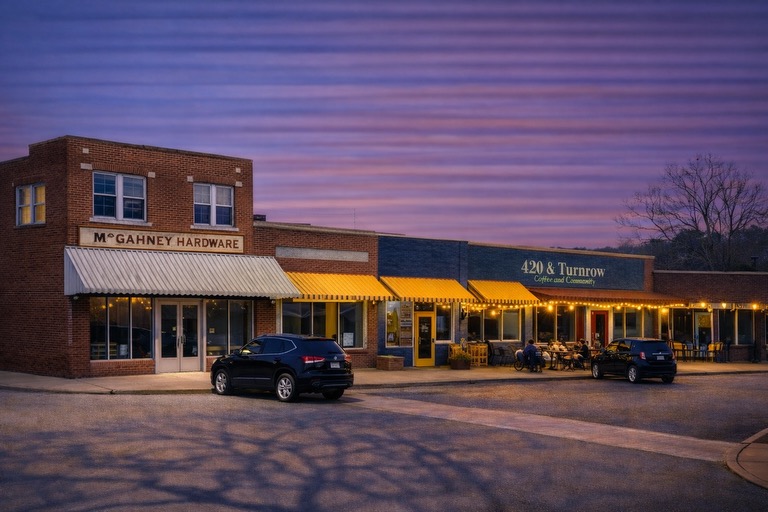 McGahney Hardware and 420 and Turnrow downtown storefront evening view showcasing thriving local businesses and downtown vitality