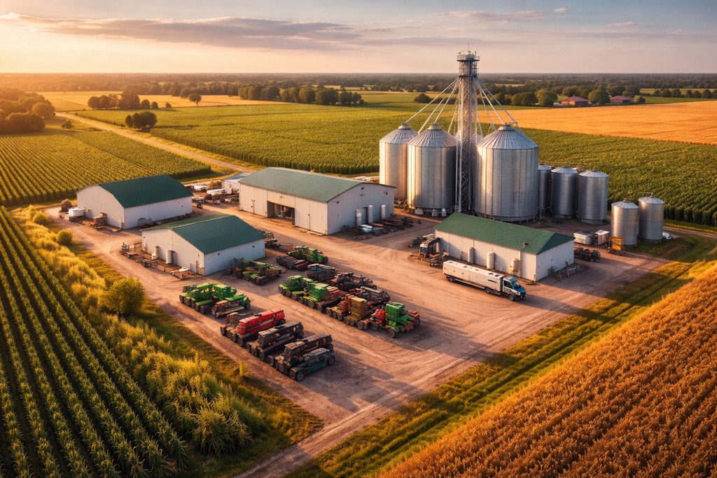Agricultural facility with grain silos and farm equipment representing DeWitt's farming heritage