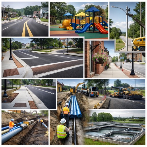 Infrastructure improvements collage showing road construction, playground equipment, utility installation, water treatment facilities, and downtown revitalization projects