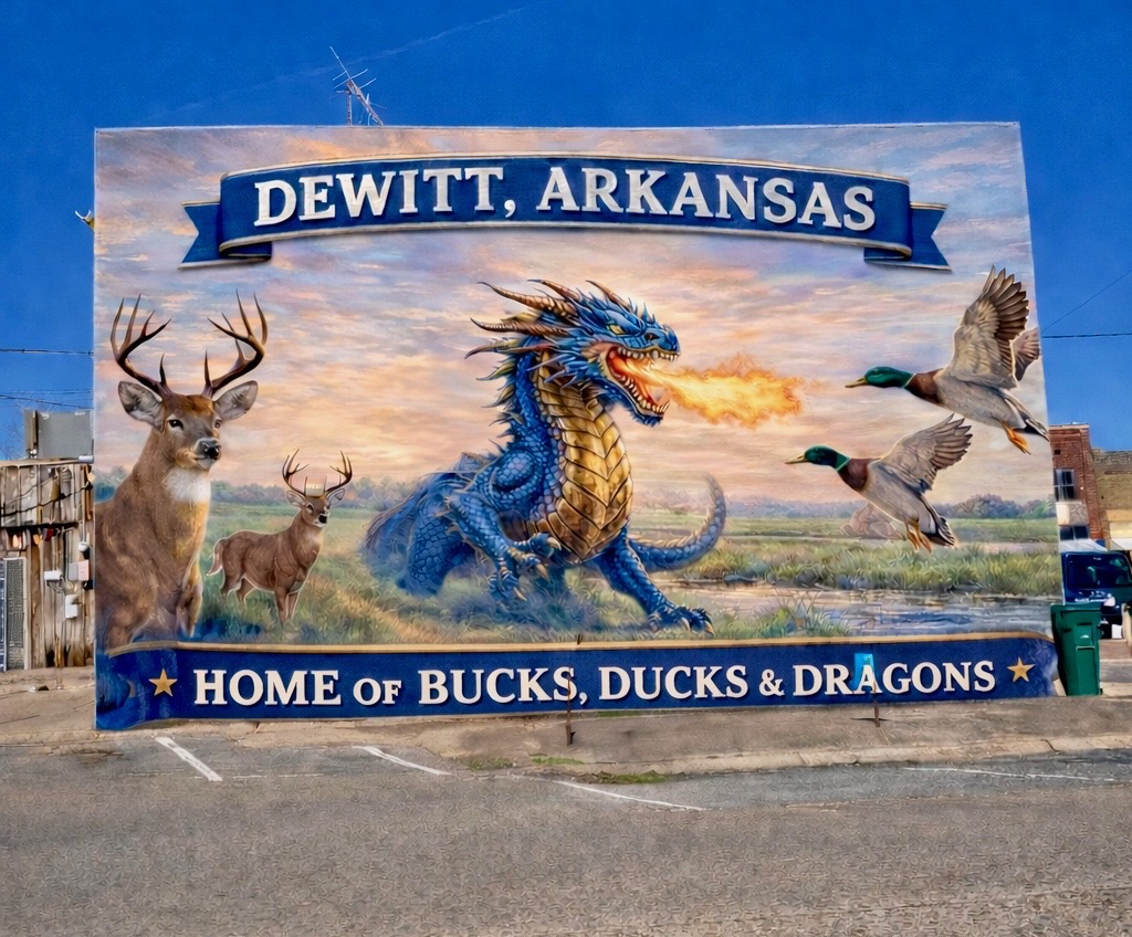 DeWitt Arkansas Home of Dragons, Ducks & Bucks mural showcasing DeWitt Dragons mascot and local wildlife