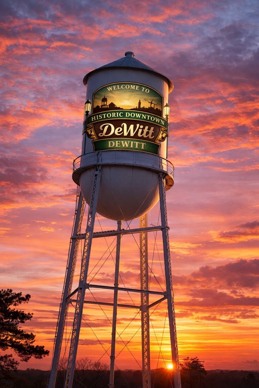DeWitt historic downtown water tower at sunset, iconic landmark against dramatic orange sky
