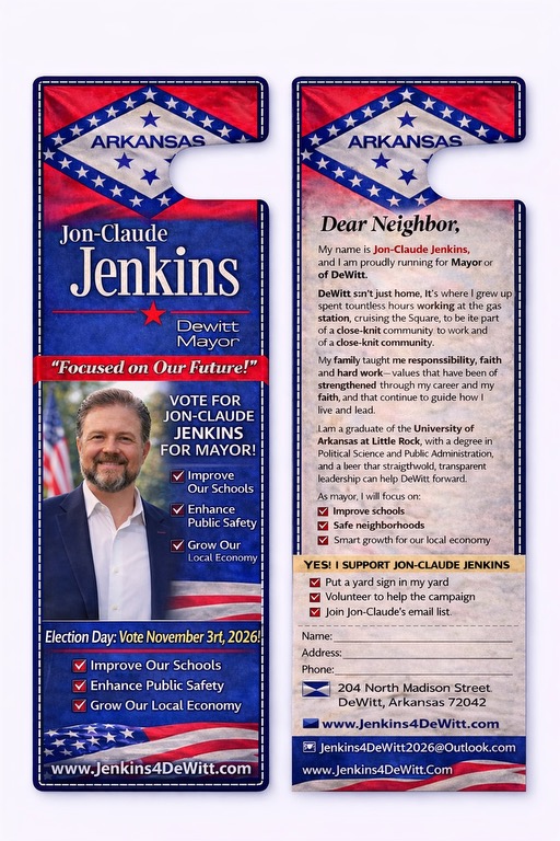 Double-sided door hanger featuring Jon-Claude Jenkins Focused on Our Future campaign with three key points: Improve Our Schools, Enhance Public Safety, Grow Our Local Economy, Election Day November 3rd 2026, and personal letter to neighbors