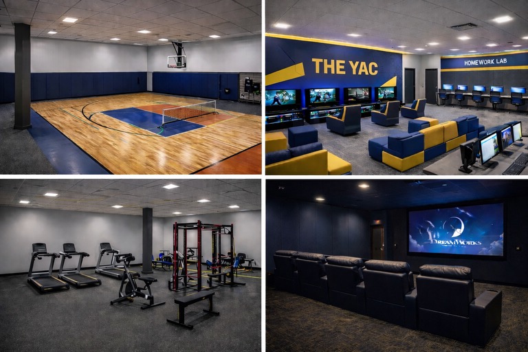 Recreation facility collage showing basketball court, THE YAC lounge, fitness equipment, and theater