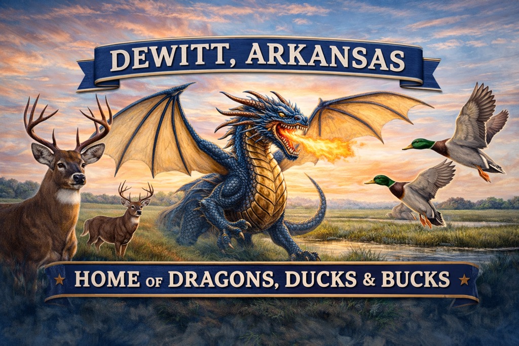 DeWitt Arkansas Home of Dragons, Ducks & Bucks artwork featuring blue dragon breathing fire, deer and ducks, mallard ducks flying, and scenic Arkansas landscape