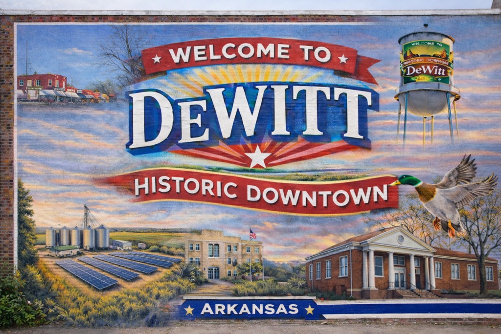 Welcome to DeWitt Historic Downtown Arkansas mural featuring water tower, downtown buildings, grain silos, solar panels, courthouse, and mallard ducks