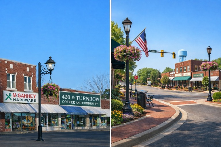Split view of Downtown DeWitt showing current businesses and beautified streetscape with landscaping, decorative lighting, and American flag