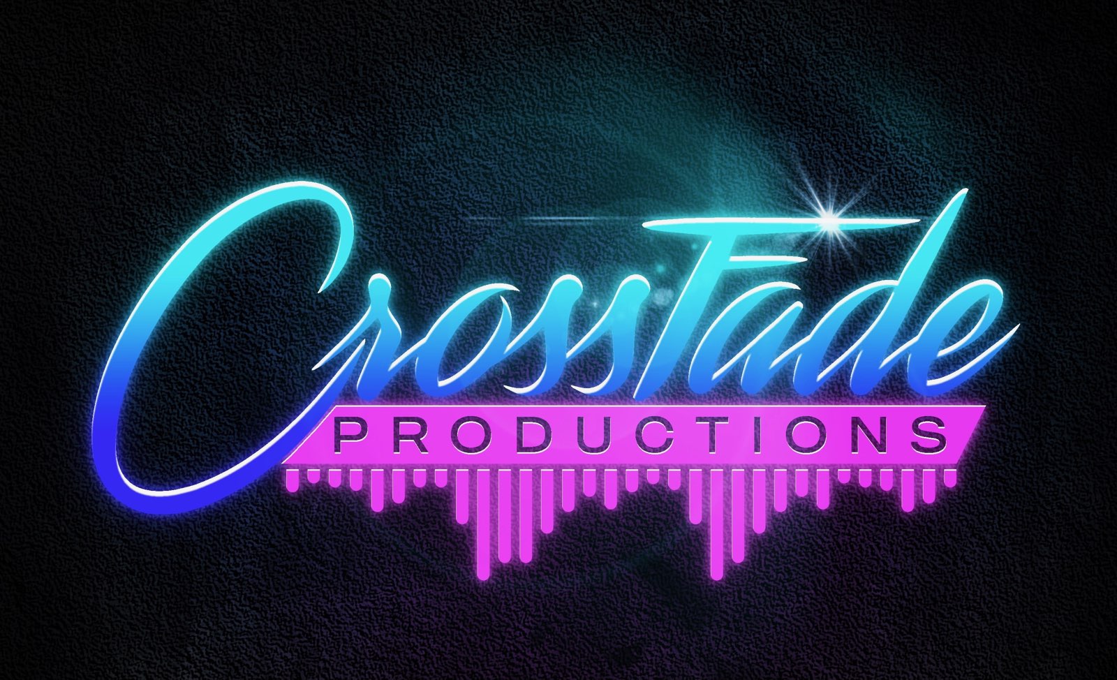 Crossfade Productions logo with neon cyan-to-blue gradient lettering, pink PRODUCTIONS text, and sound wave visualization on dark background