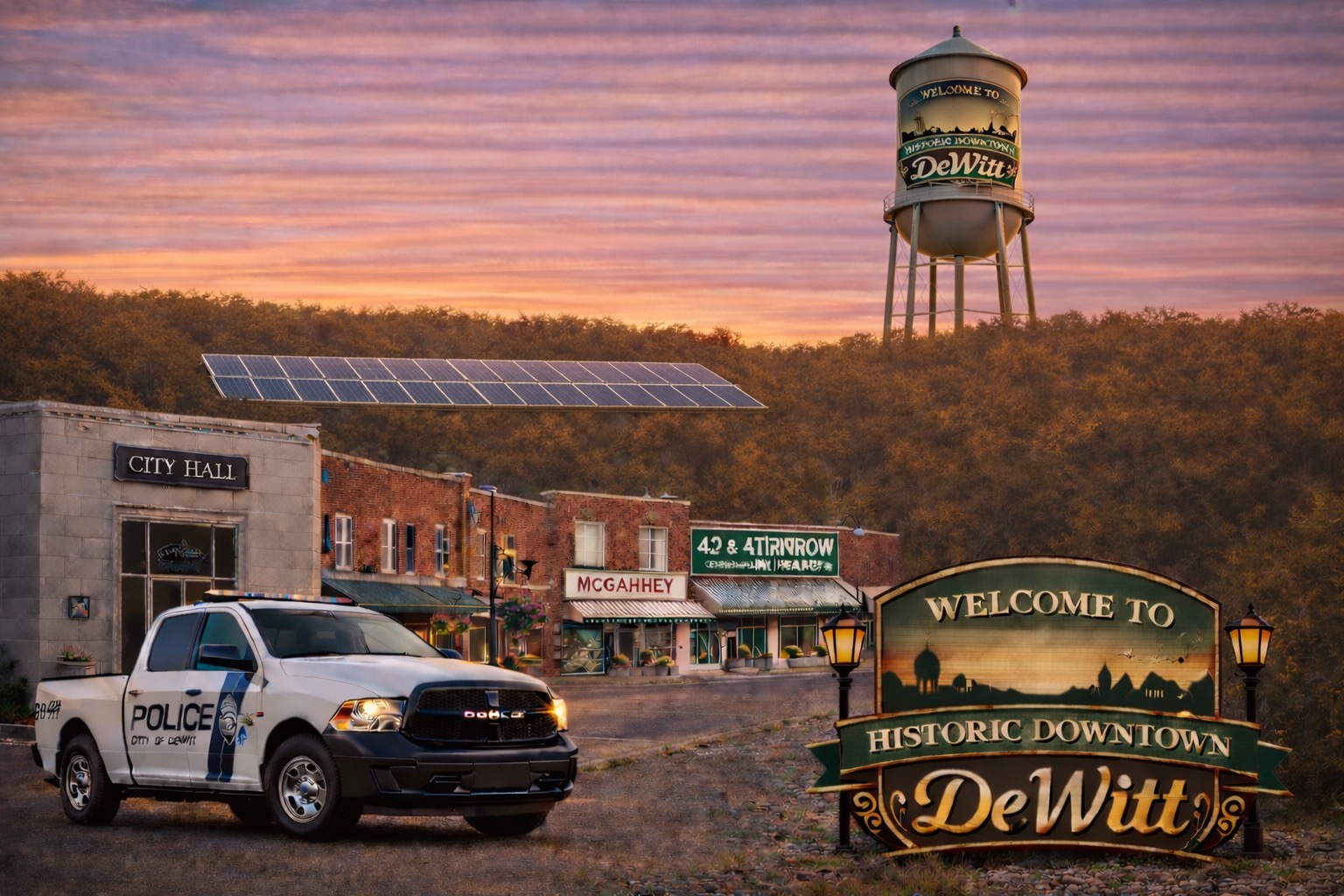 Historic Downtown DeWitt featuring water tower, City Hall, McGahey Hardware store, and Welcome to DeWitt sign