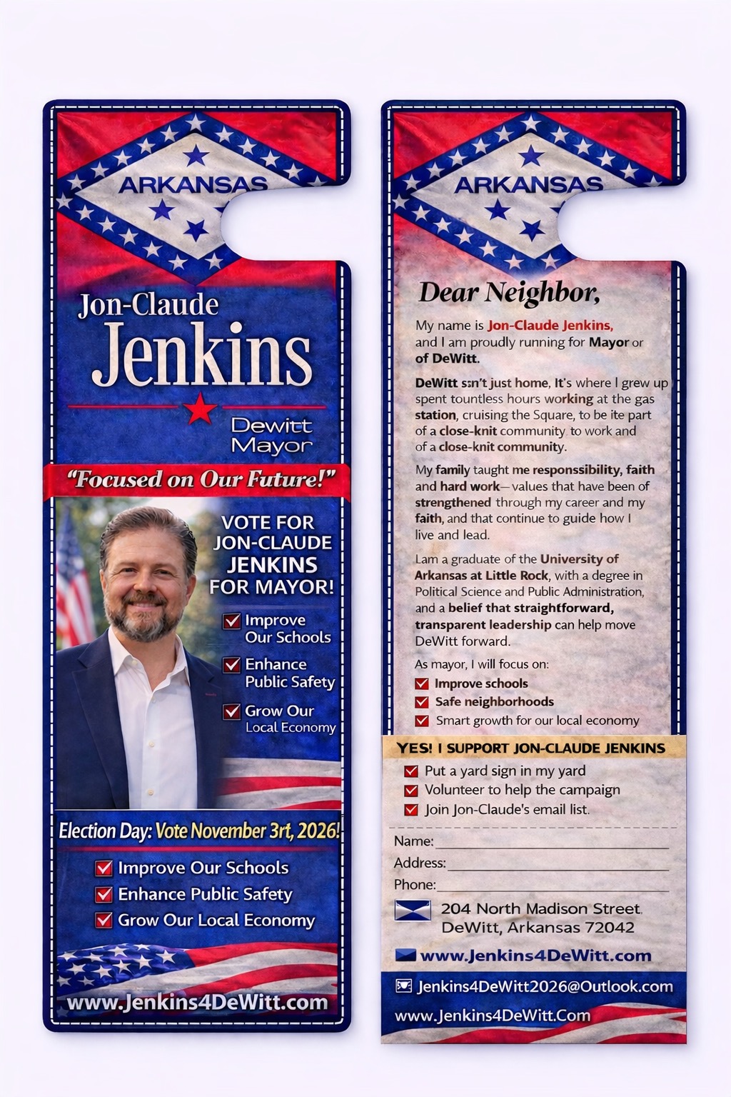 Jon-Claude Jenkins campaign door hanger featuring Arkansas flag, platform points including economic growth and infrastructure, and election information