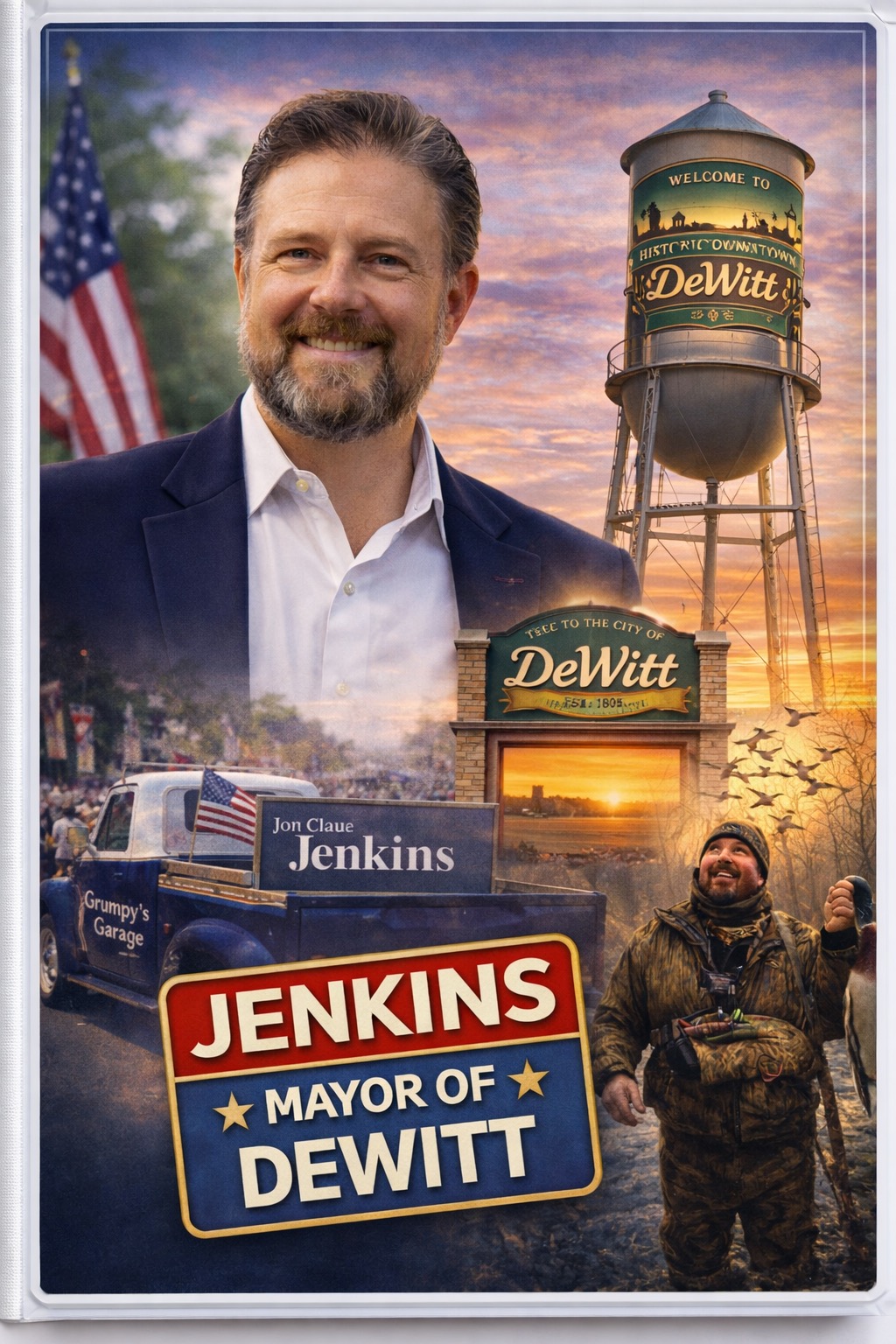 Composite campaign poster featuring Jon-Claude Jenkins with DeWitt historic water tower, Welcome to Historic Downtown DeWitt sign, Tree to the City of DeWitt Est. 1805 sign, Jenkins Mayor of DeWitt campaign yard sign, Grumpy's Garage truck with American flag, and outdoor hunting lifestyle imagery showing community connection