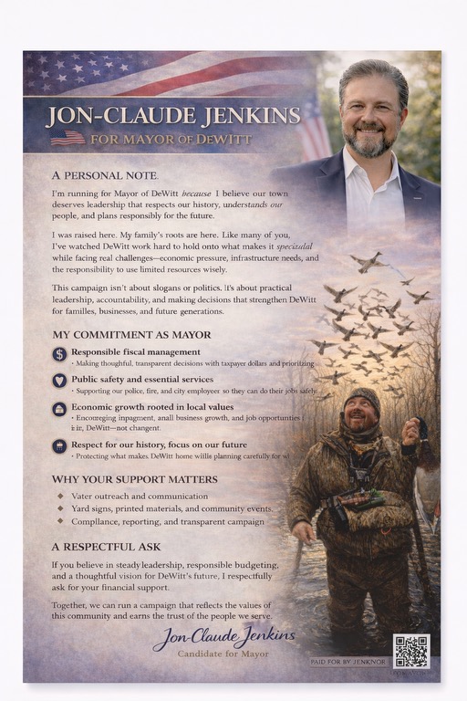 Jon-Claude Jenkins comprehensive campaign document featuring personal note, commitments as mayor including responsible fiscal management, public safety, economic growth rooted in local values, respect for history, why support matters section, and respectful ask for financial support with donation QR code