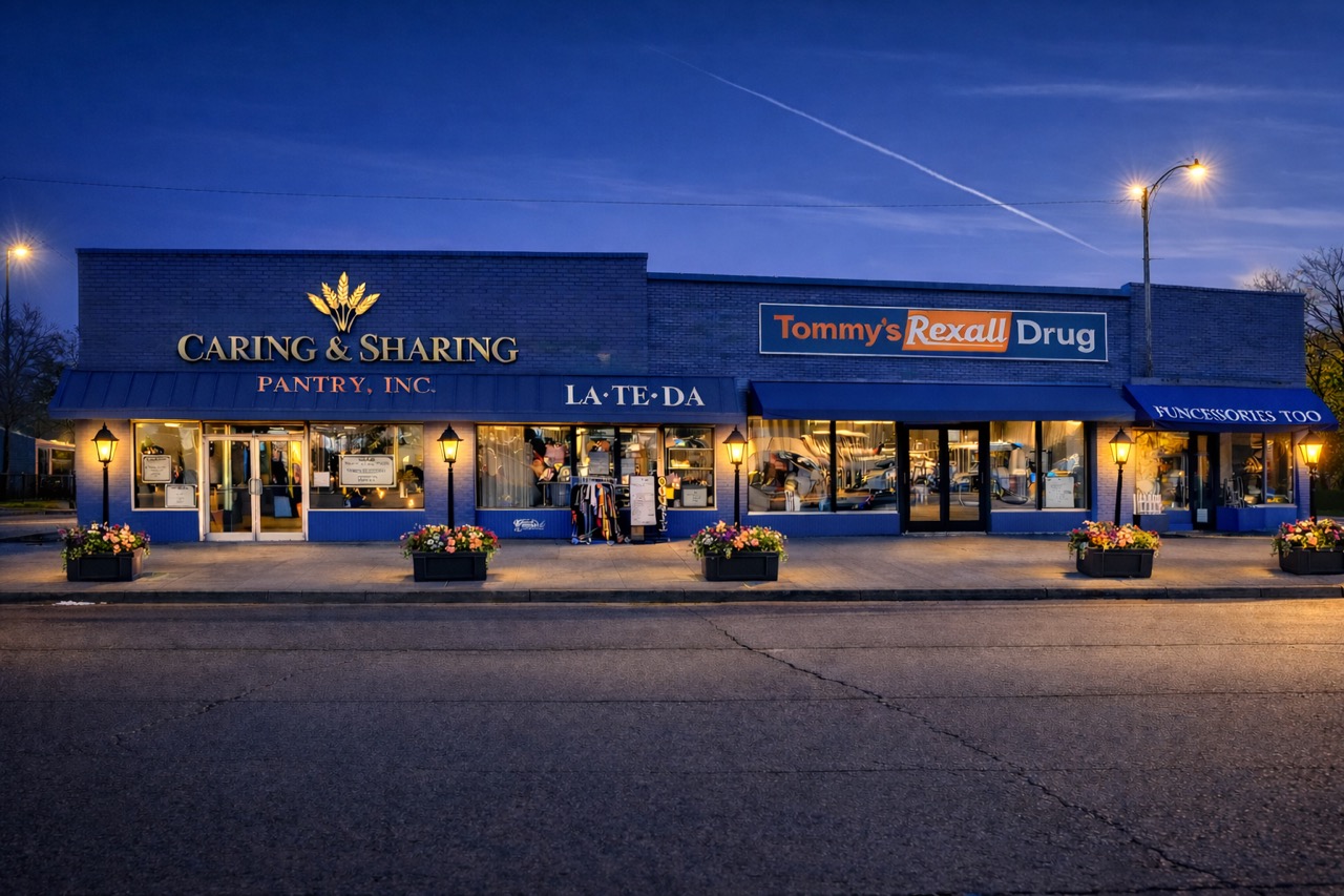 Caring and Sharing Pantry and Tommy's Rexall Drug evening storefront showcasing essential downtown businesses and community services